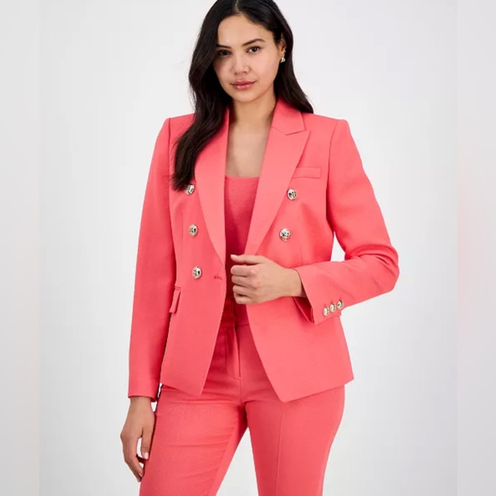 NWT Tahari ASL Women's Twill Double-Breasted Blazer Sunset Coral Pink Size 8